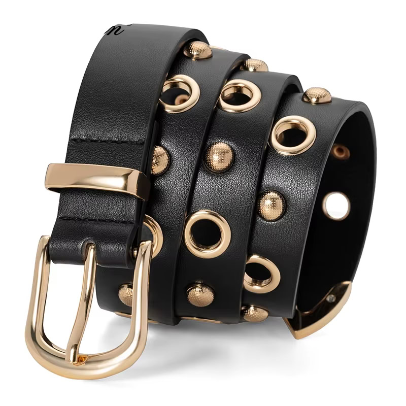 Golden Edge Riveted Fashion Belt for Women Elegant black leather belt with gold rivets and buckle, stylish accessory for women.
