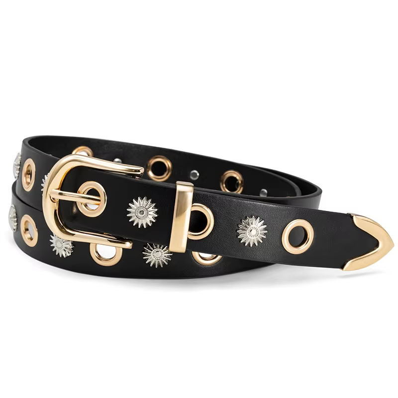Golden Edge Riveted Fashion Belt for Women Riveted black leather belt with gold accents and sunburst details, stylish accessory for women.