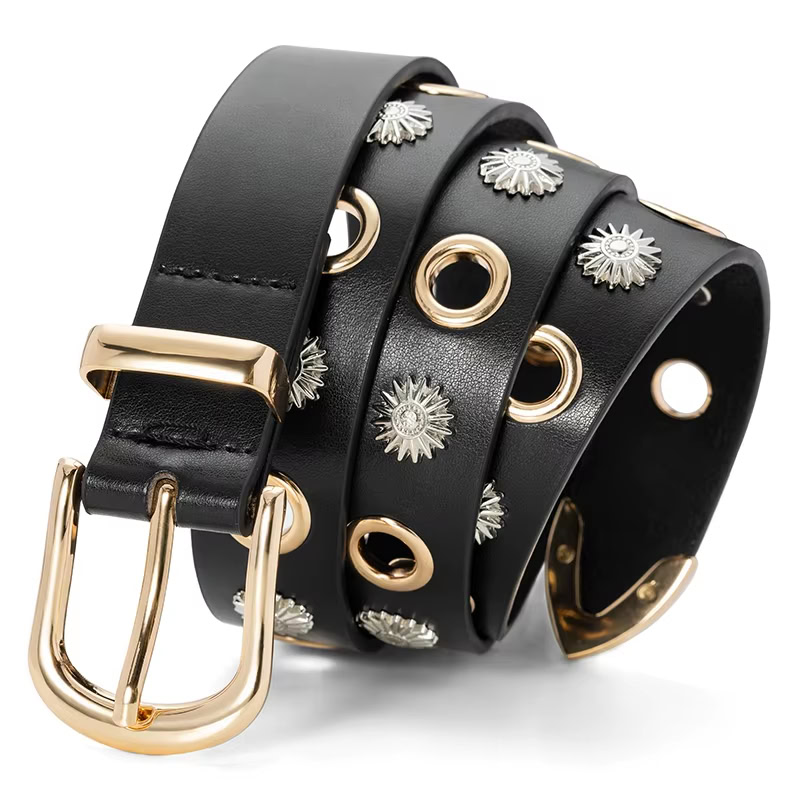 Golden Edge Riveted Fashion Belt for Women Riveted black leather fashion belt with gold accents and decorative metal studs for women.