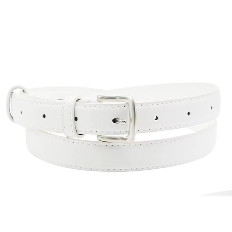 White women’s leather belt with minimalist design and silver buckle. Elegant white leather women's belt with silver buckle, perfect for a sleek, minimalist look.
