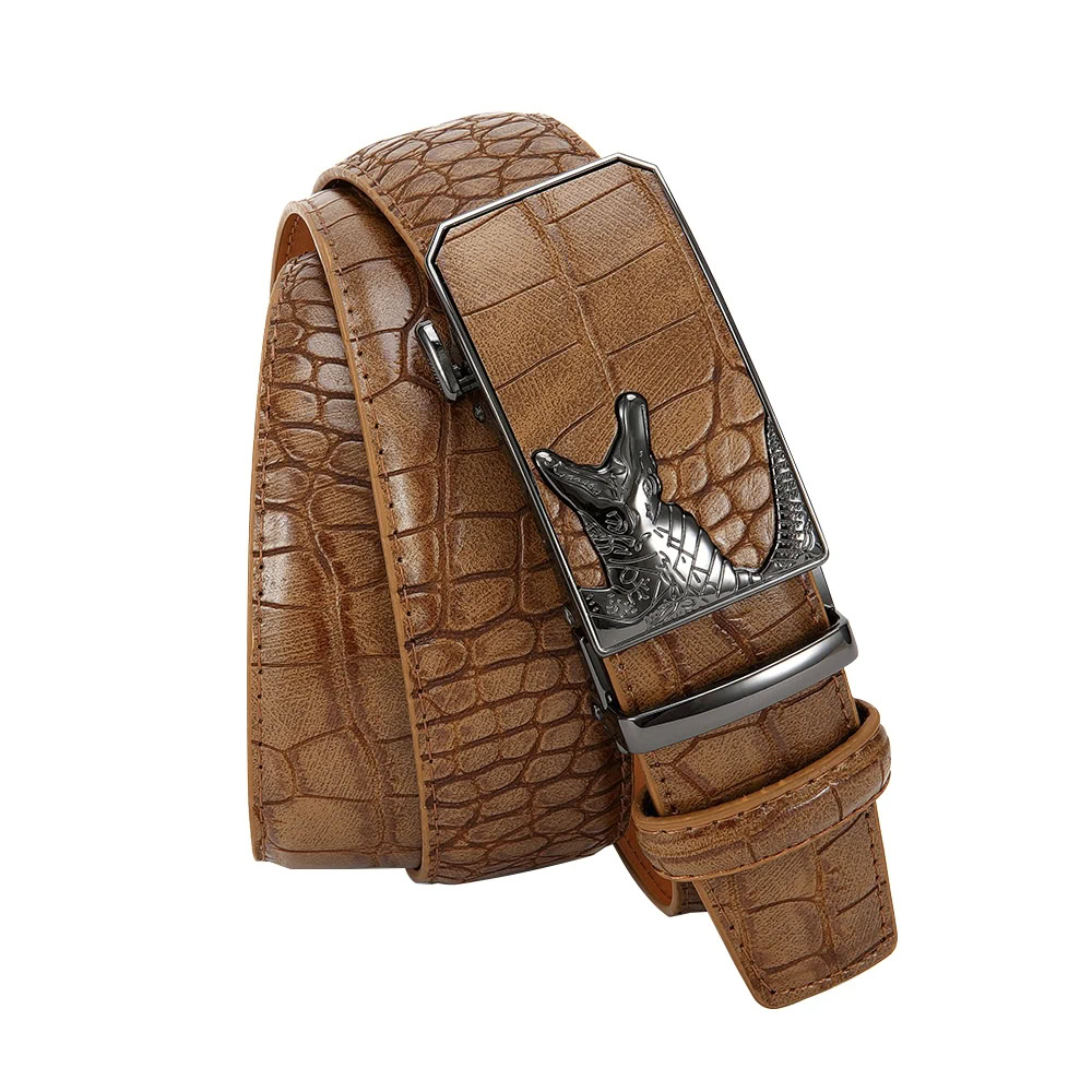 Elegant 3D Crocodile-Embossed Automatic Ratchet Belt Crocodile-embossed leather automatic ratchet belt with a unique crocodile design buckle. Perfect for.
