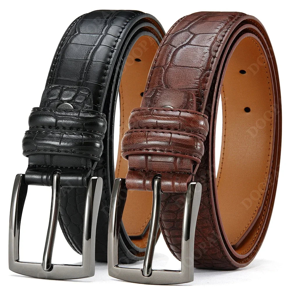Black Crocodile Pattern Leather Belt for Men Black crocodile pattern leather belt with silver buckle, luxury accessory for formal wear.