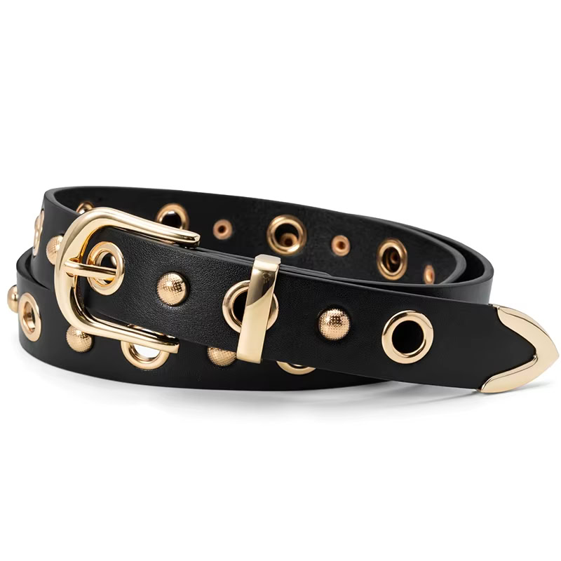 Golden Edge Riveted Fashion Belt for Women Elegant black leather belt with gold rivets and buckle for women. Stylish accessory for casual and f.
