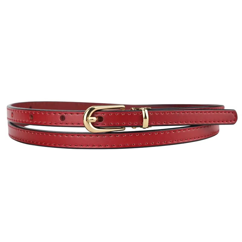 Women’s Genuine Leather Belt with Alloy Pin Buckle – Elegant Red Elegant red leather belt with gold alloy pin buckle for women. Perfect accessory for stylish outfits.