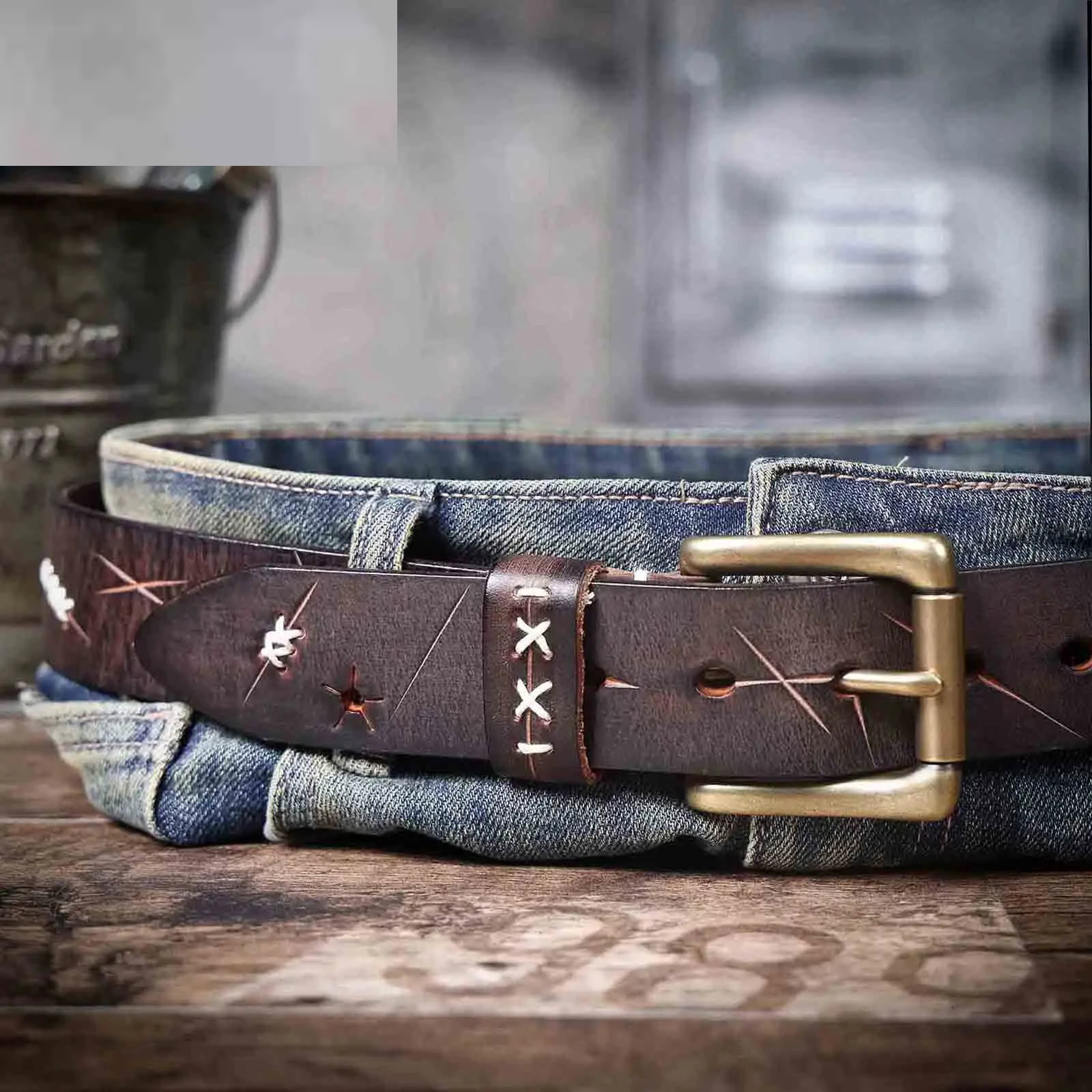 Italian Leather Belt with Brass Buckle Leather belt with vintage finish and solid brass buckle for a classic look.