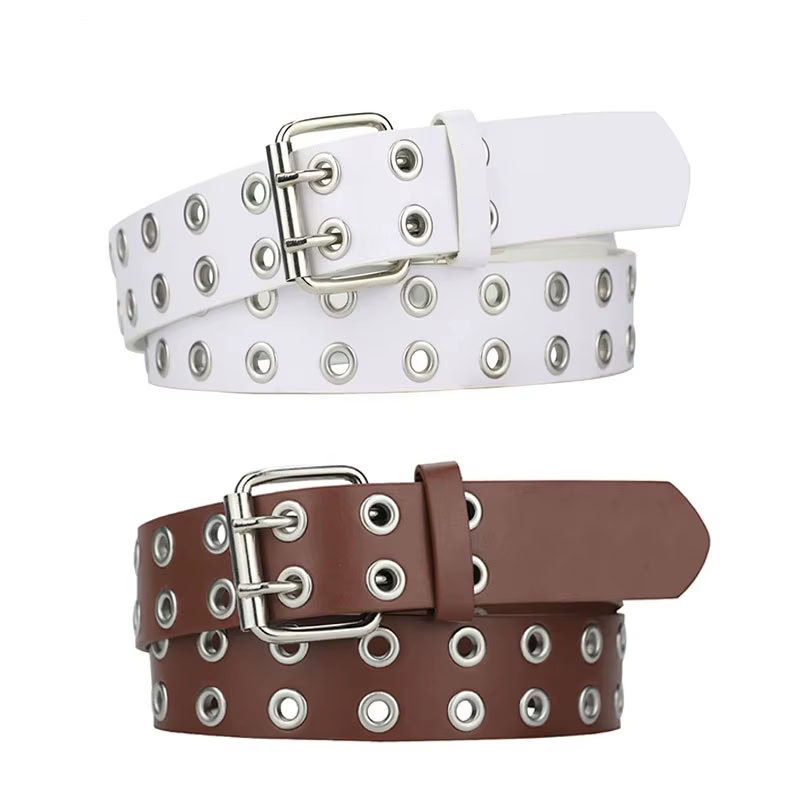 White and brown punk goth double-pin belts with metal eyelets and buckle, perfect for alternative fashion styles. White and brown punk goth double-pin belts with metal eyelets and buckle, perfect for alternative fa.