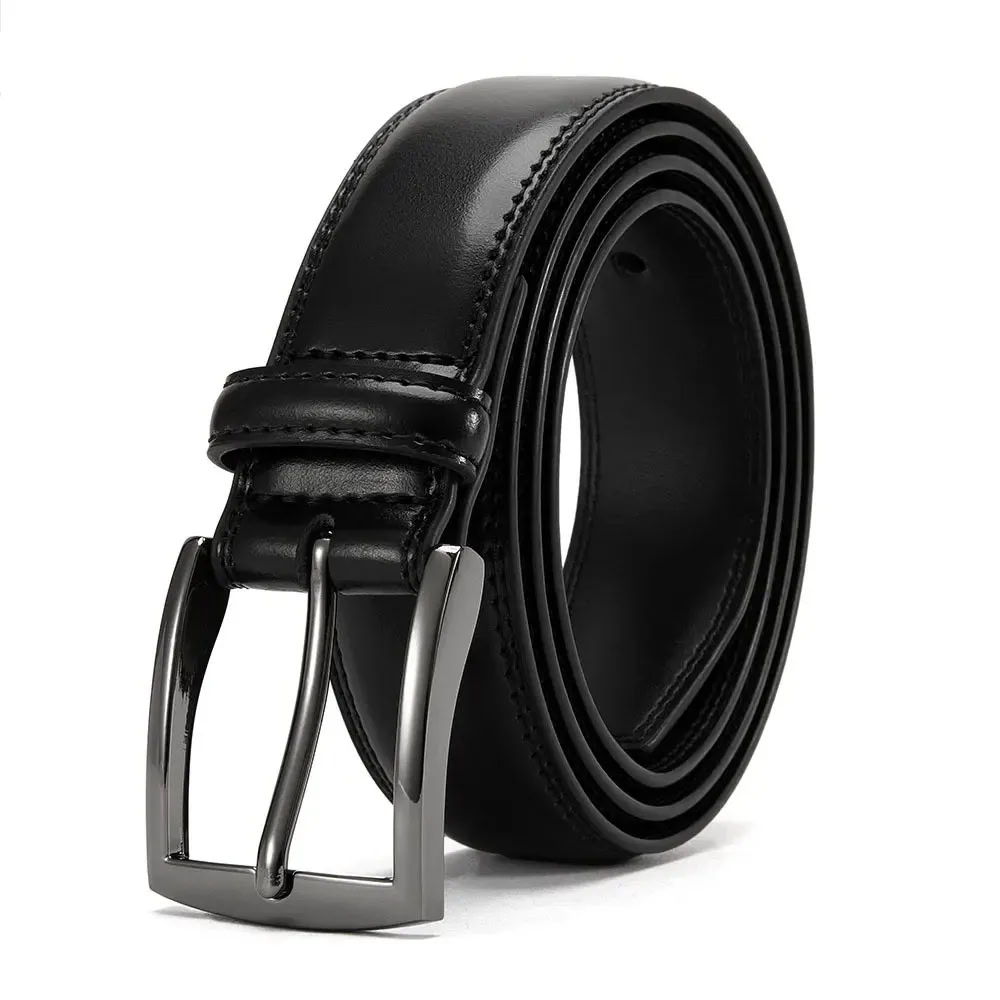 Black leather men’s casual belt with silver buckle, versatile accessory for everyday wear. Men's casual black leather belt with silver buckle, perfect for everyday style.