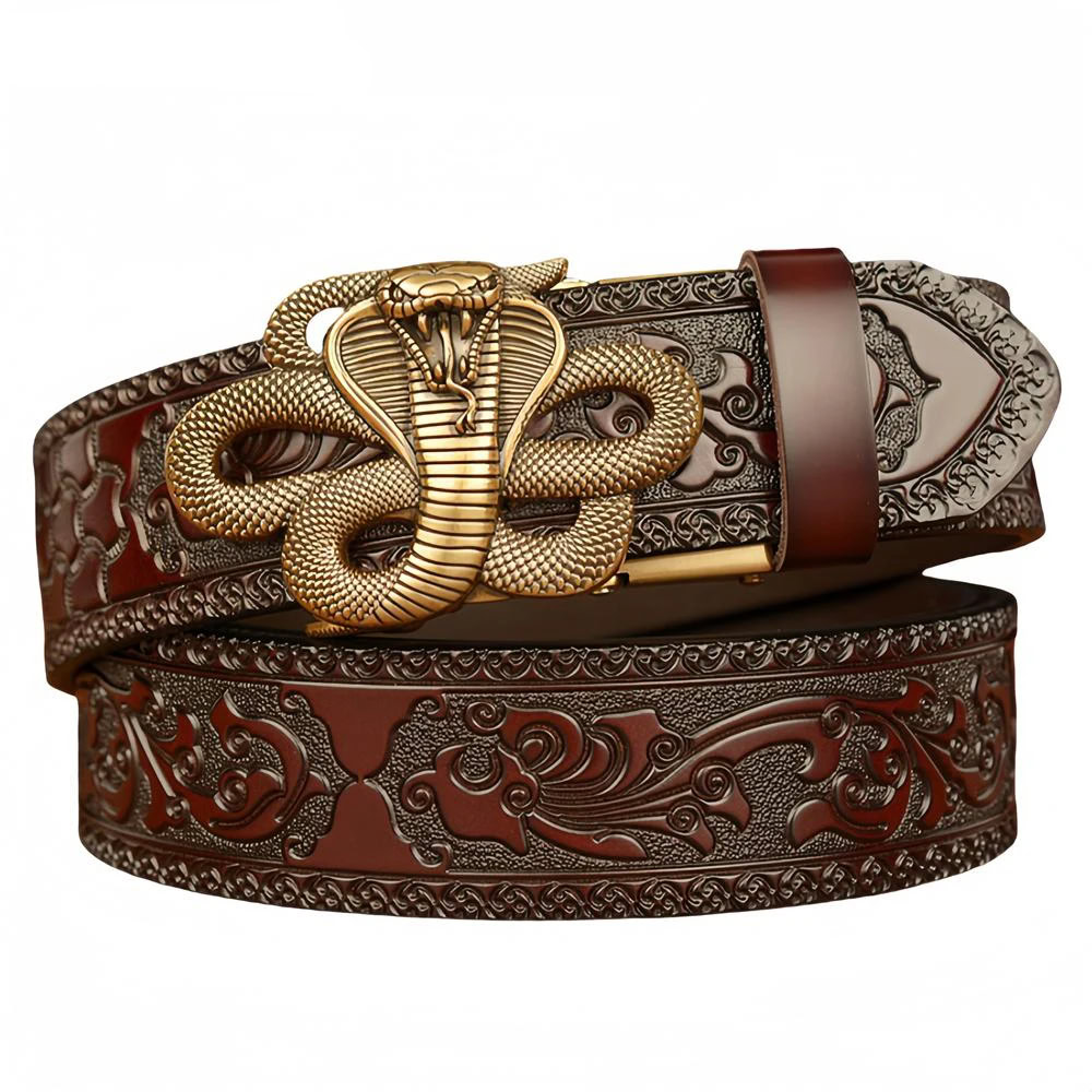 Luxury Snake Buckle Leather Belt Elegant snake-shaped buckle on a premium leather belt. Perfect for stylish, high-end fashion accesso.
