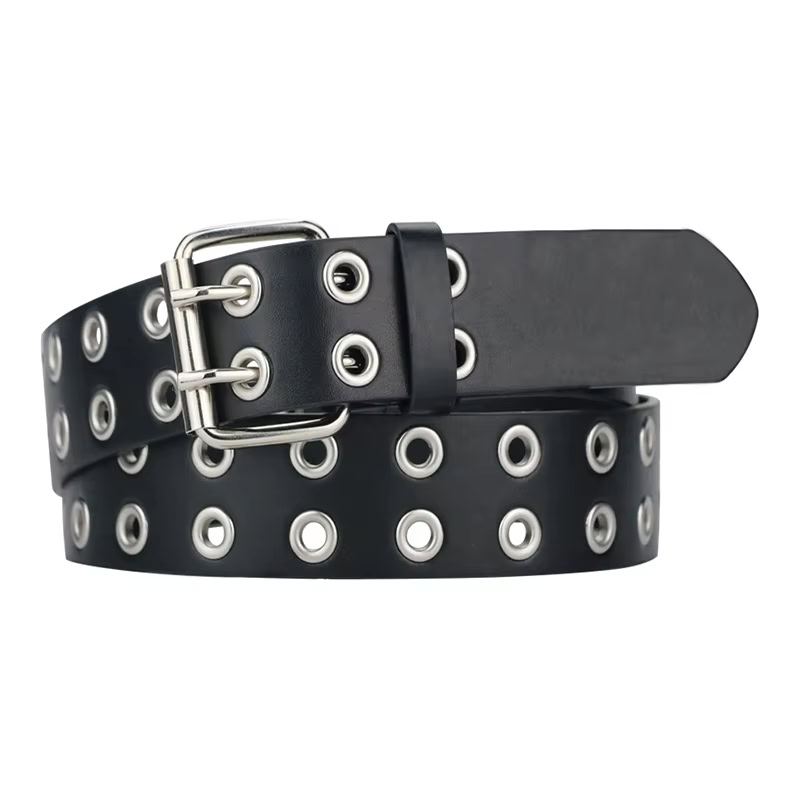 Black Punk Goth Double-Pin Belt for Women Black punk goth double-pin belt with silver eyelets and sturdy buckle.