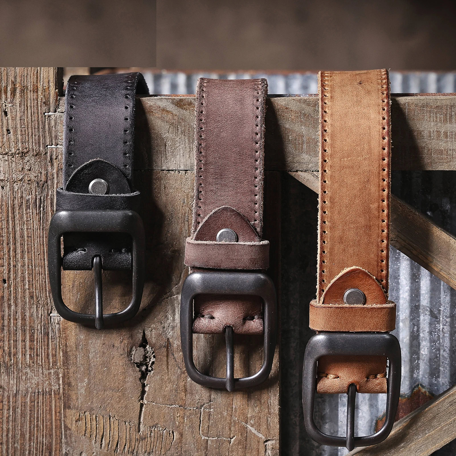 Men’s Denim Belt with Pin Buckle Black, Brown, and Tan casual denim belts with pin buckles.