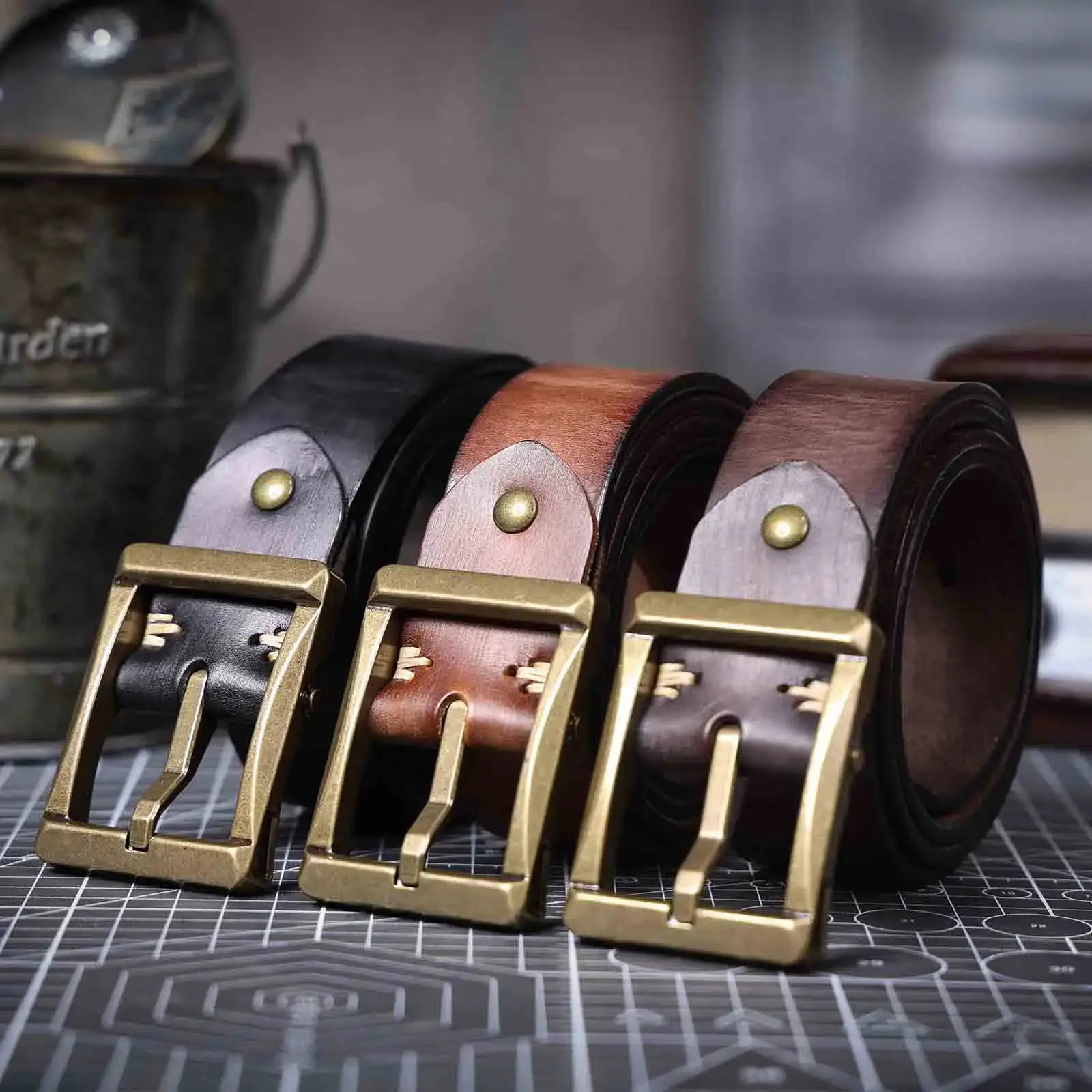 Vintage Genuine Leather Men's Belt With Solid Brass Buckle, Casual Pin Buckle Belt With Gift Box, Thickened Italian Cowhide