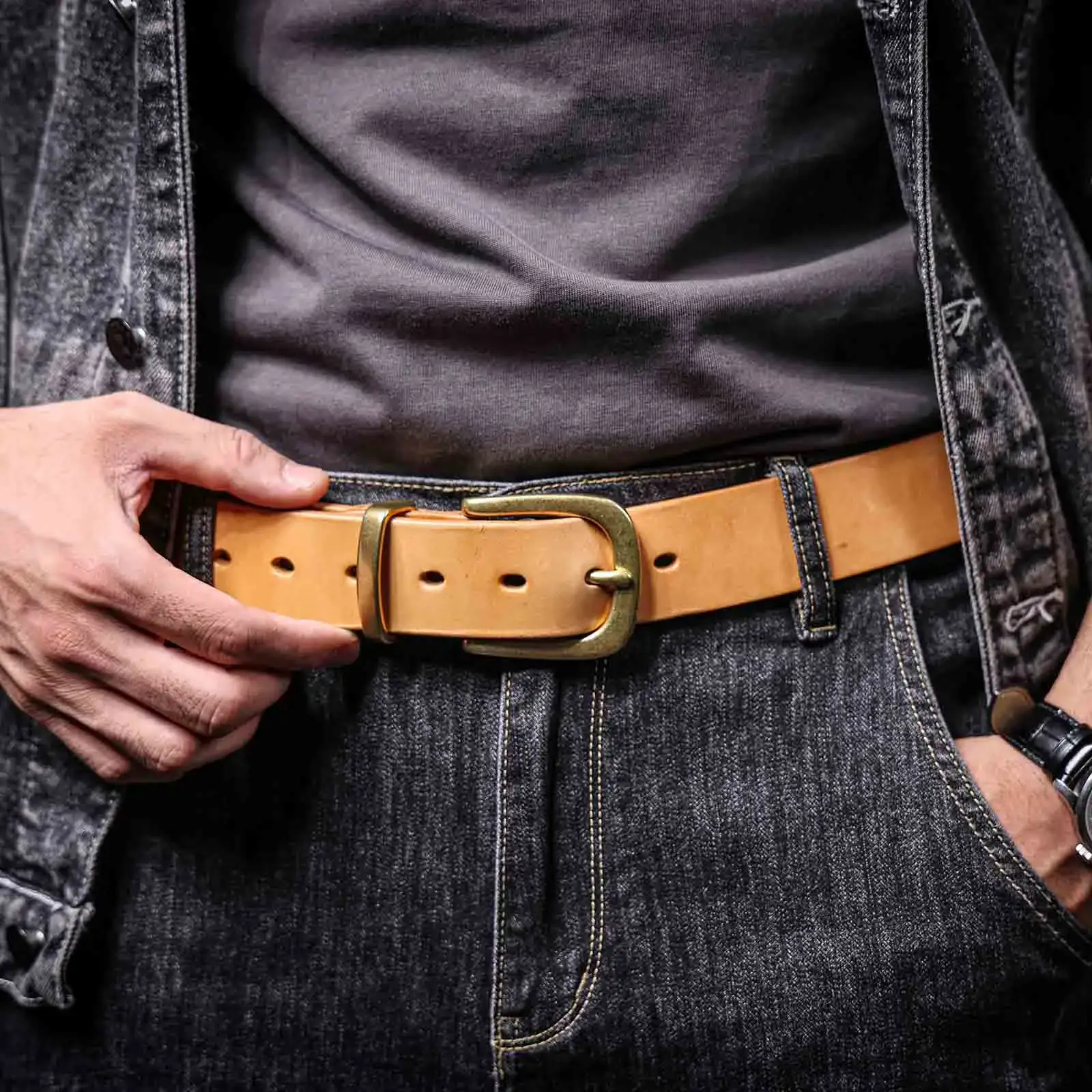 Thickened Khaki Leather Belt Khaki Italian leather belt with a sturdy brass buckle. Perfect for casual and formal outfits.