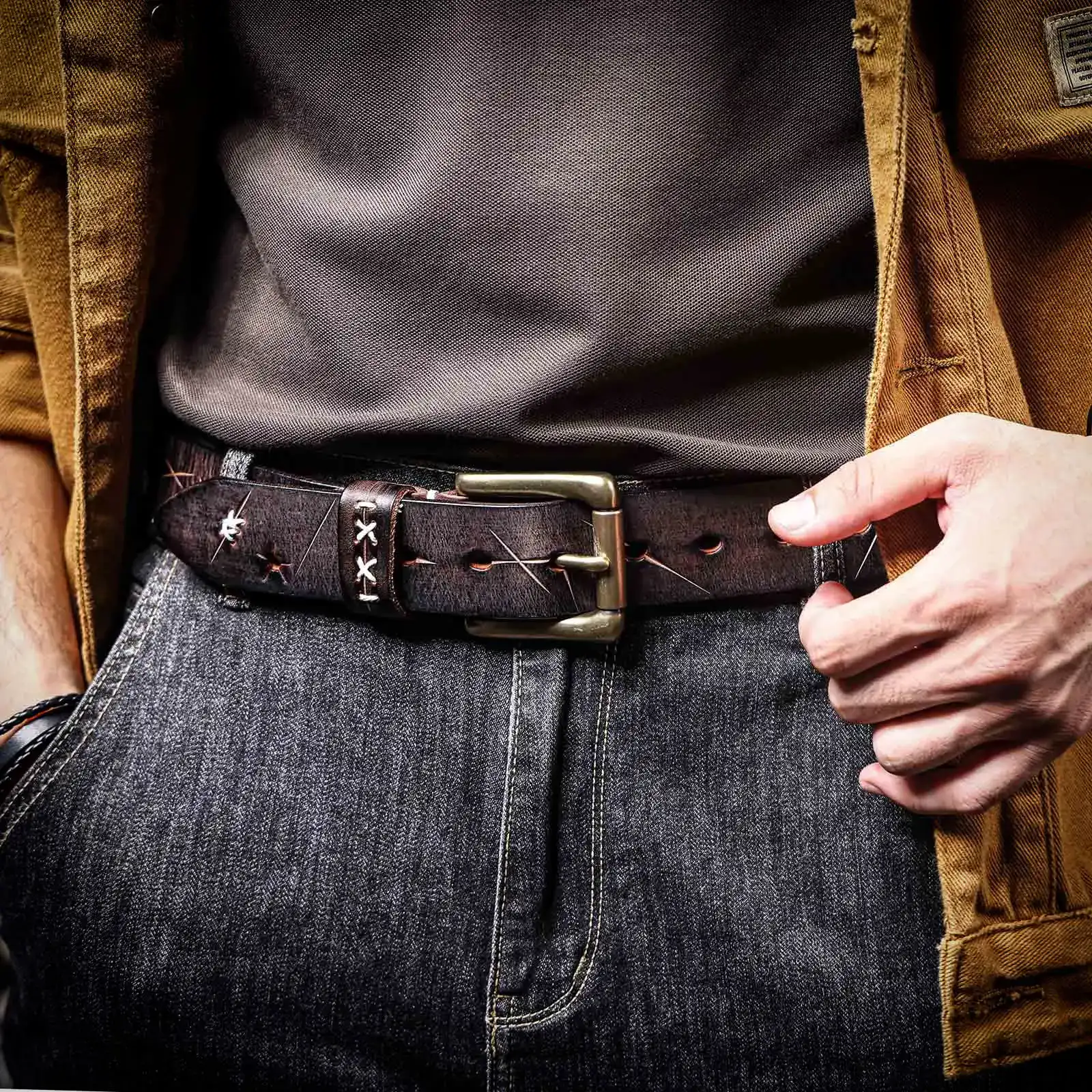 Full-Grain Leather Belt with Brass Buckle Leather belt with vintage finish and solid brass buckle for a classic look.