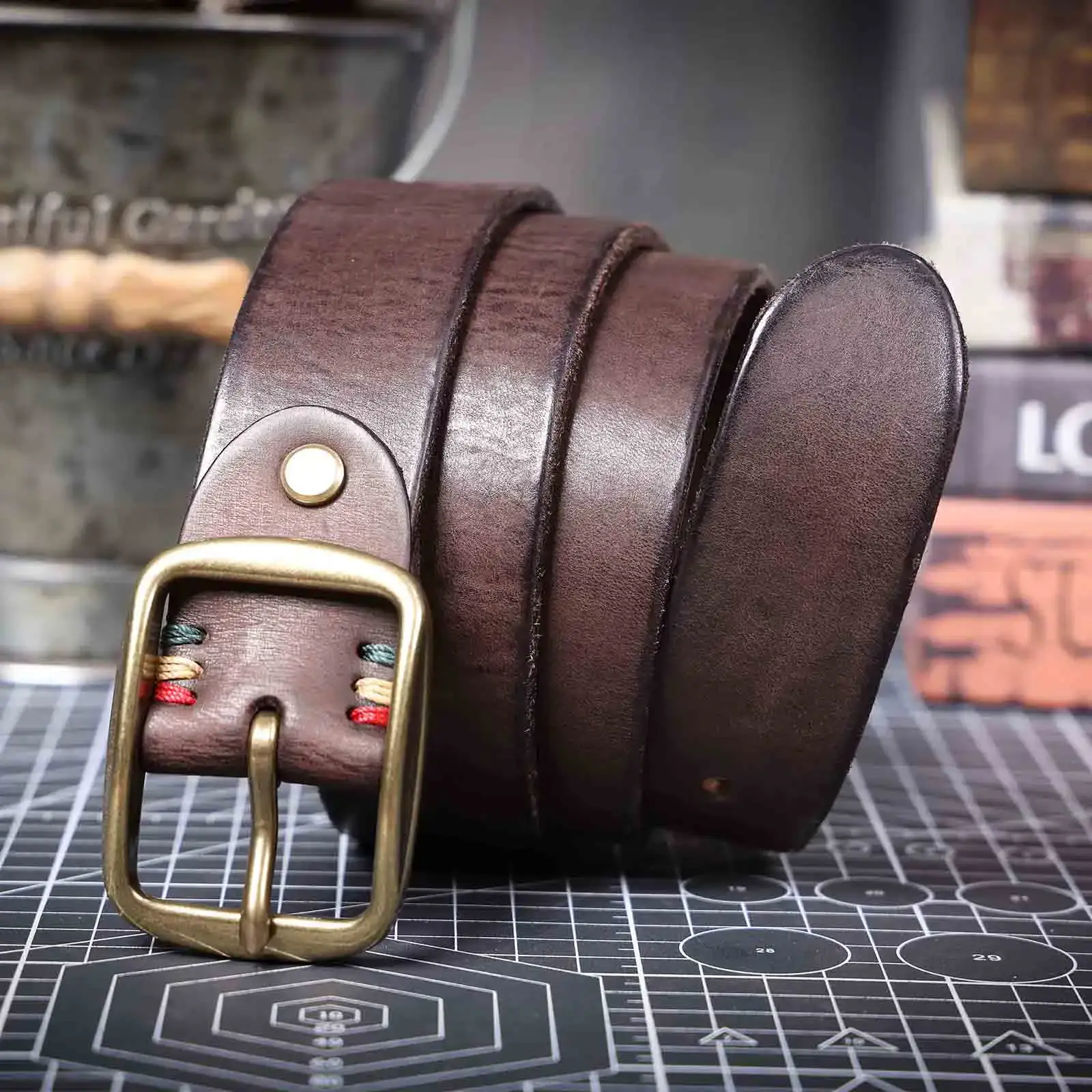 Men’s genuine leather belt with solid brass buckle for classic style.