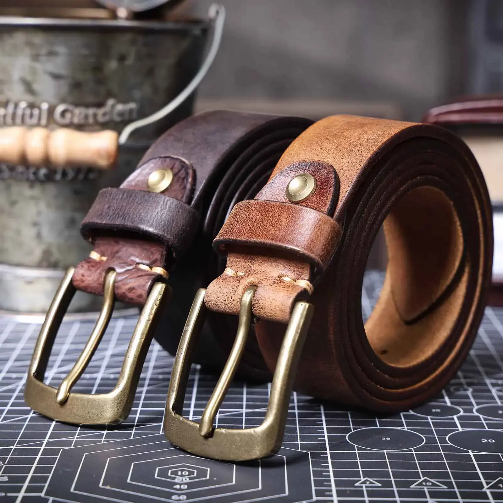 Vintage Brown Solid Brass Buckle Belt Vintage brown leather belts with solid brass buckles for men and women.