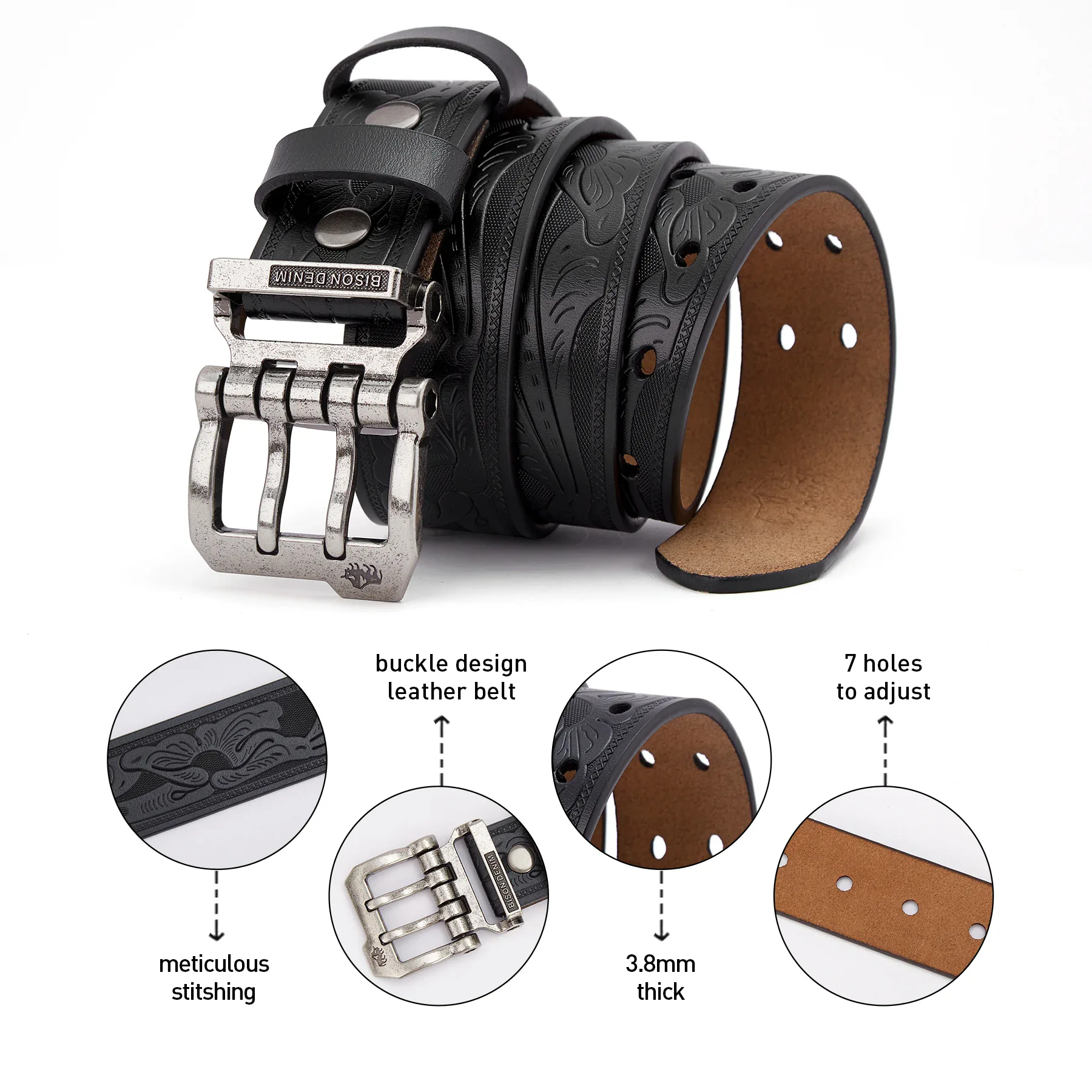 Vintage Leather Belt with Buckle Genuine leather belt featuring a retro buckle design and 7 adjustable holes for perfect fit.