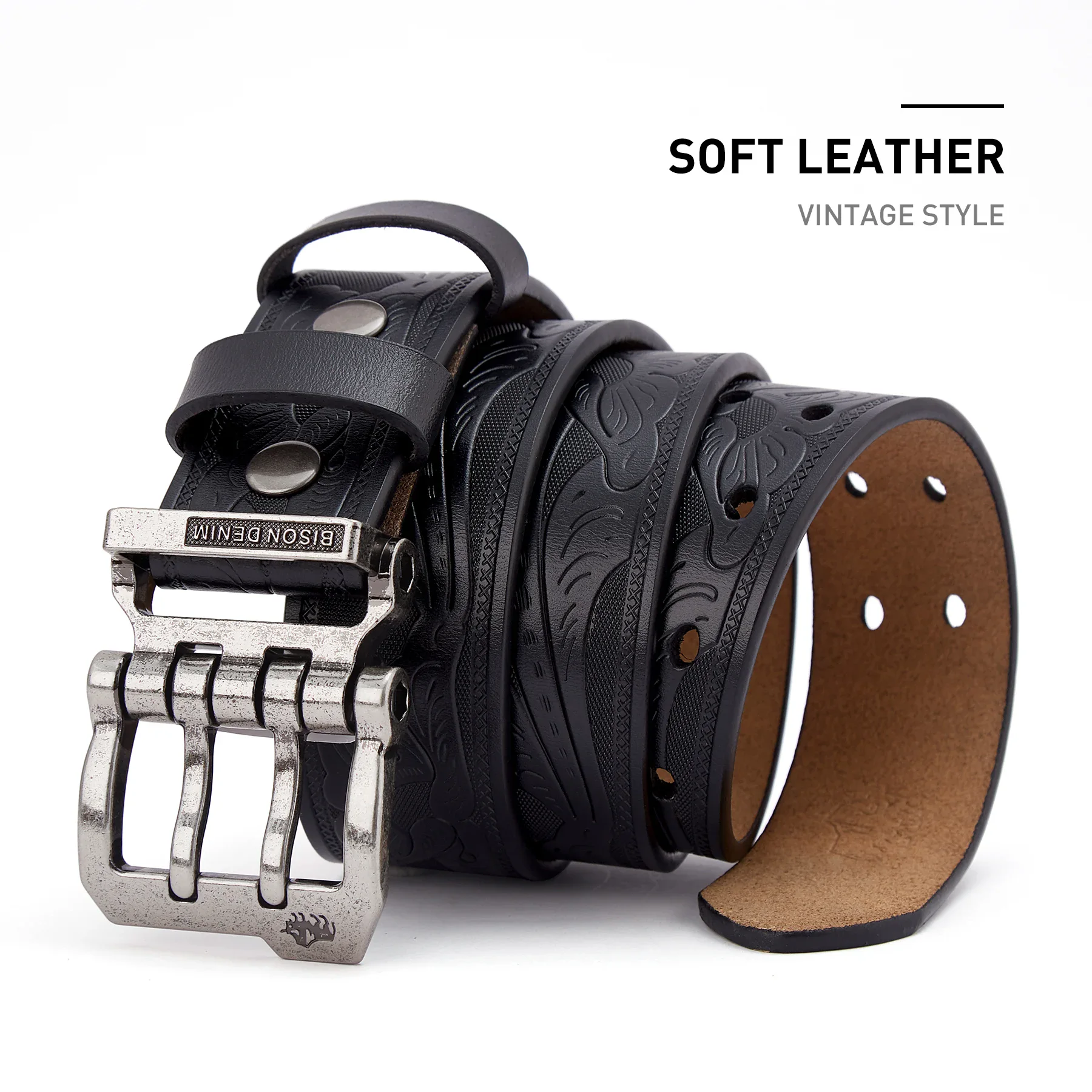 Leather Belt with Retro Buckle for Men Leather belt with vintage-style retro pin buckle, genuine soft leather, perfect for casual and forma.