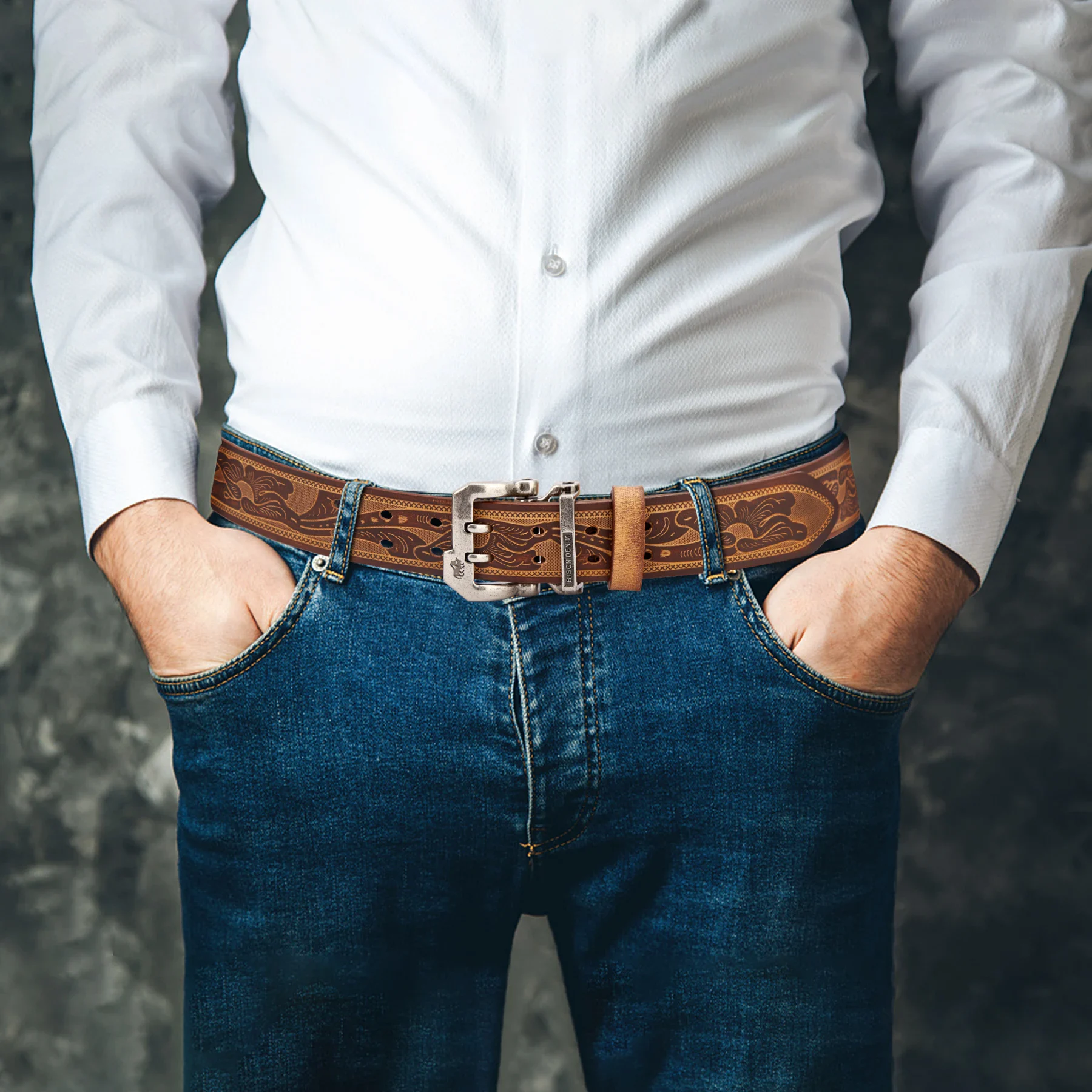 Leather Men’s Belt with Artistic Buffalo Design High-quality genuine leather men's belt featuring an artistic buffalo pattern, perfect for stylish c.
