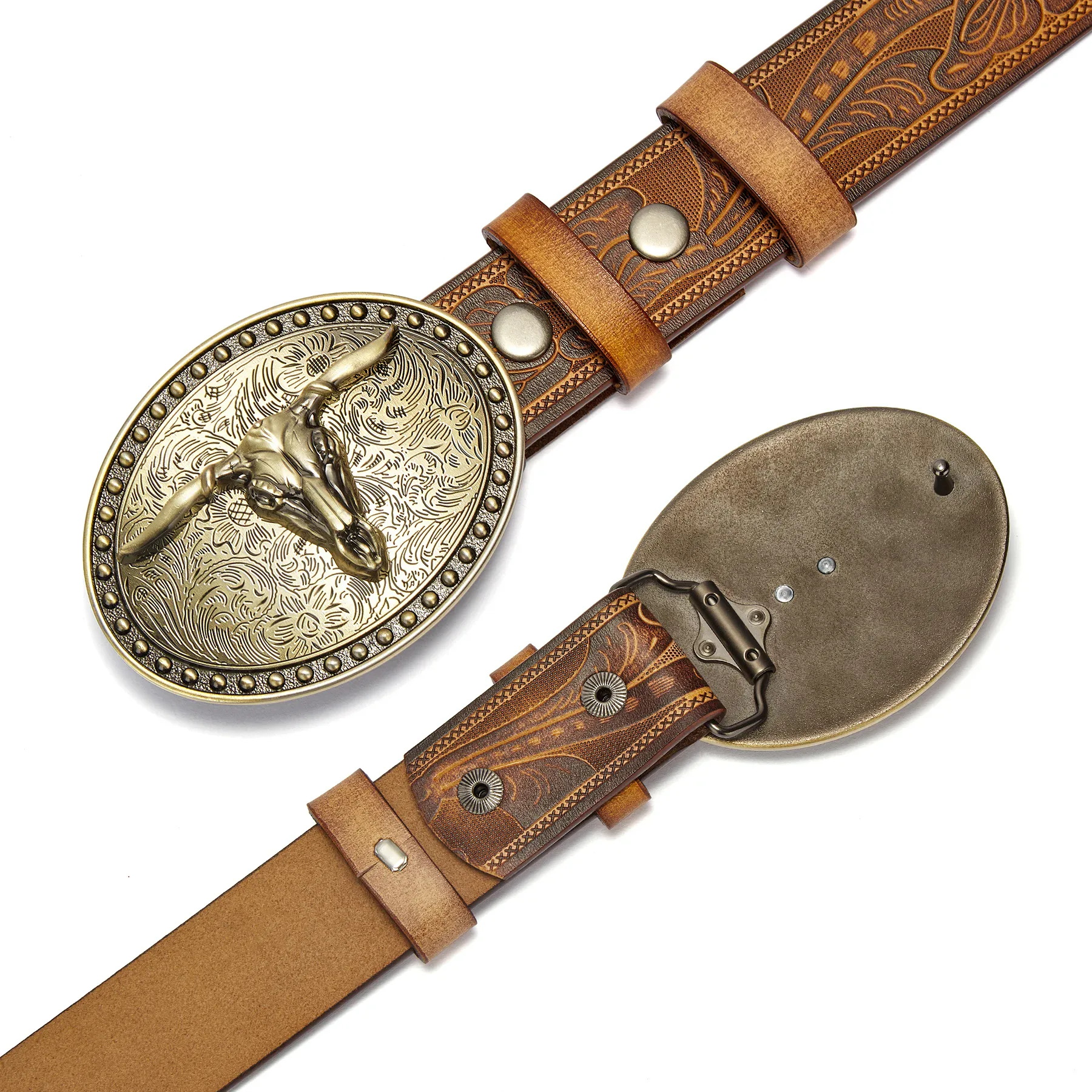 Golden Longhorn Western Leather Belt Western embossed leather belt with ornate buckle.