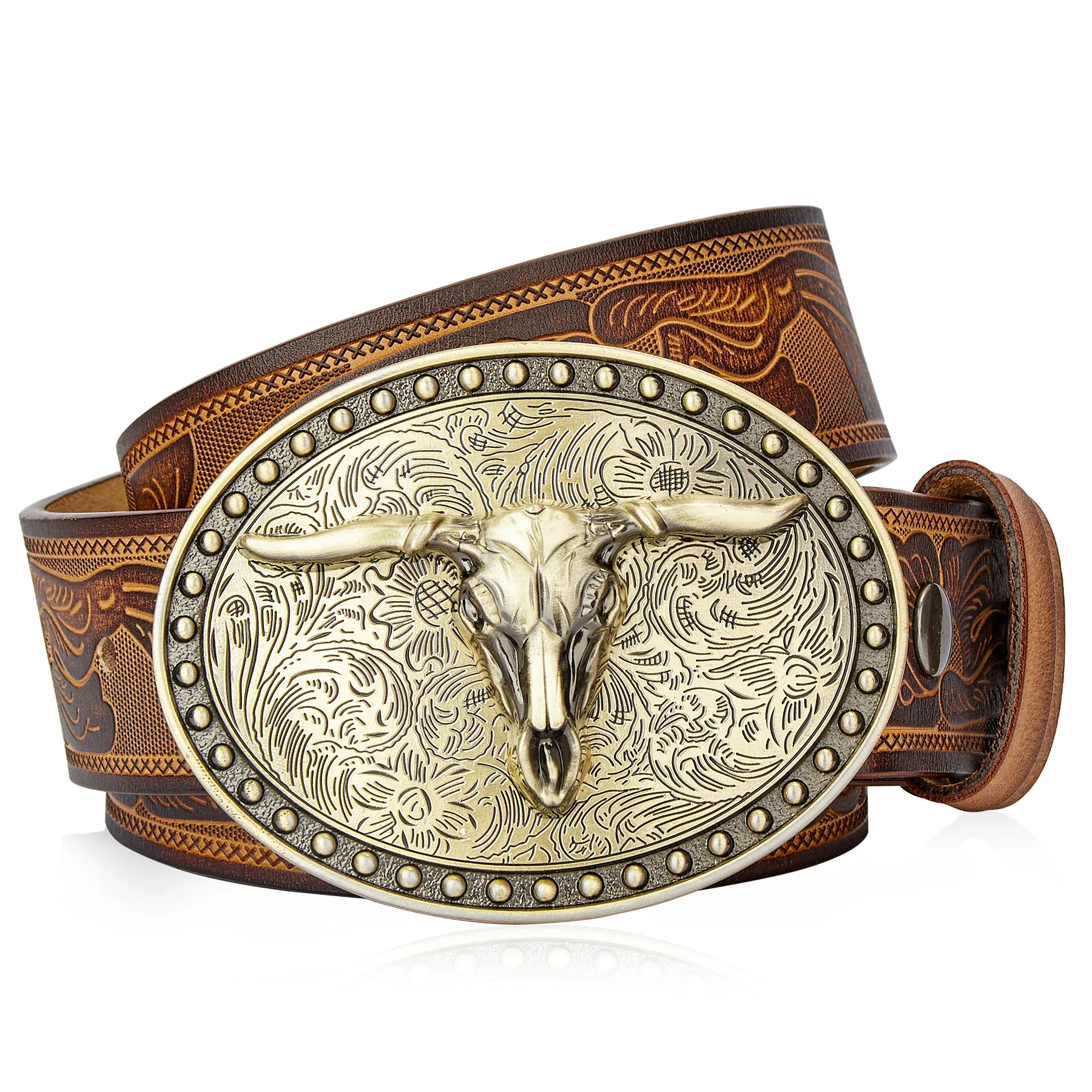 Golden Longhorn Western Leather Belt with Buckle High-quality genuine leather Western belt with a detailed longhorn skull buckle.