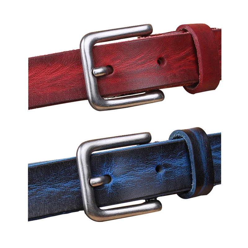 Colorful genuine leather thin belts for men and women, stylish accessories for casual or formal outfits. Vibrant red and blue leather belts with silver buckles, perfect for everyday wear.