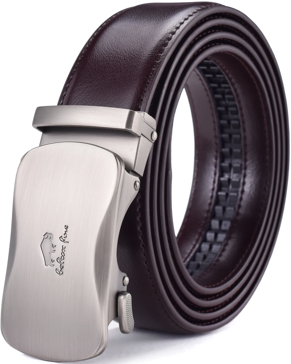 Leather ratchet dress belt with metal buckle for men and women, stylish and adjustable. Elegant leather ratchet belt with metal buckle, perfect for formal and casual wear.