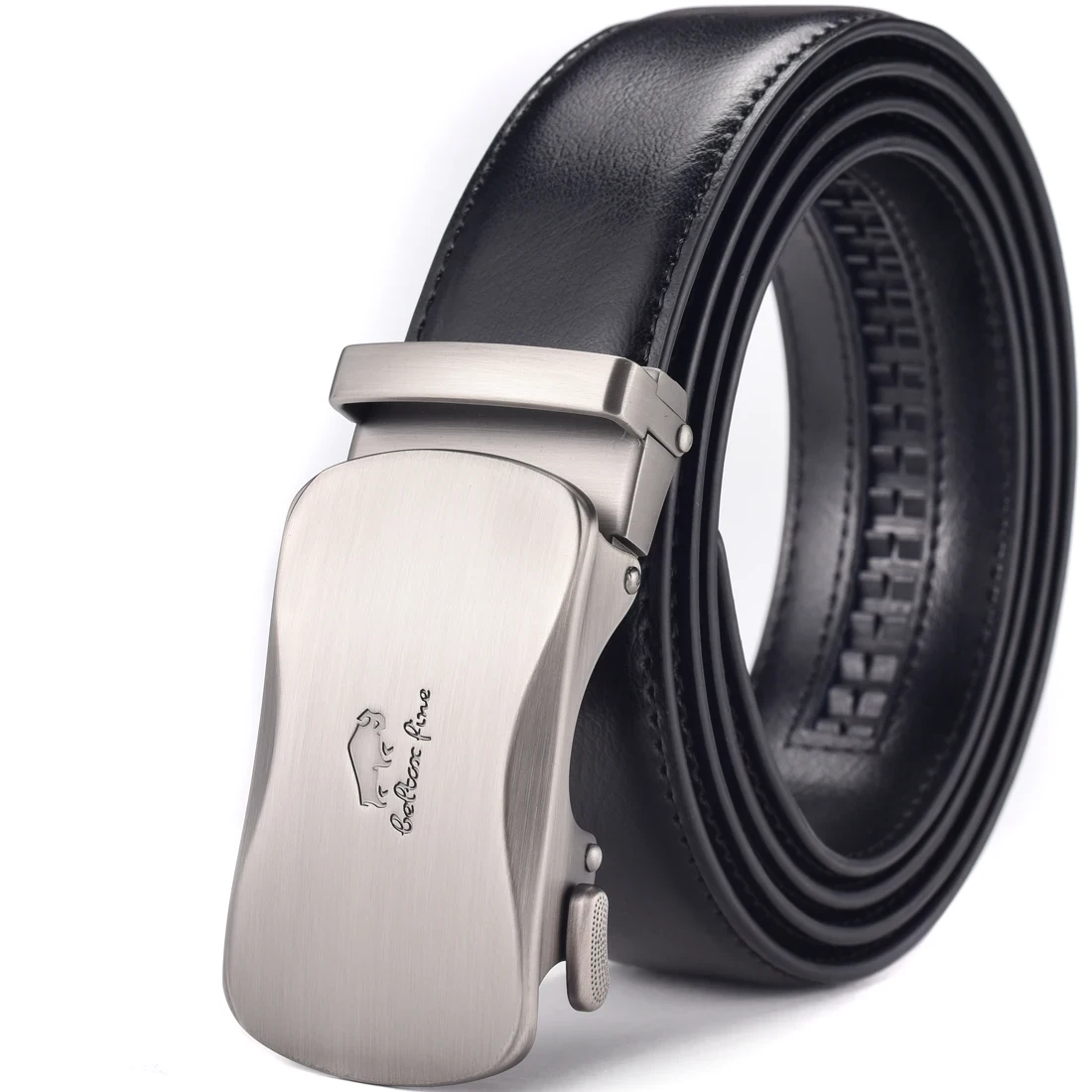 Leather Ratchet Dress Belt – CoreLine Precision Fit Elegant black leather ratchet belt with stainless steel buckle for a perfect fit.