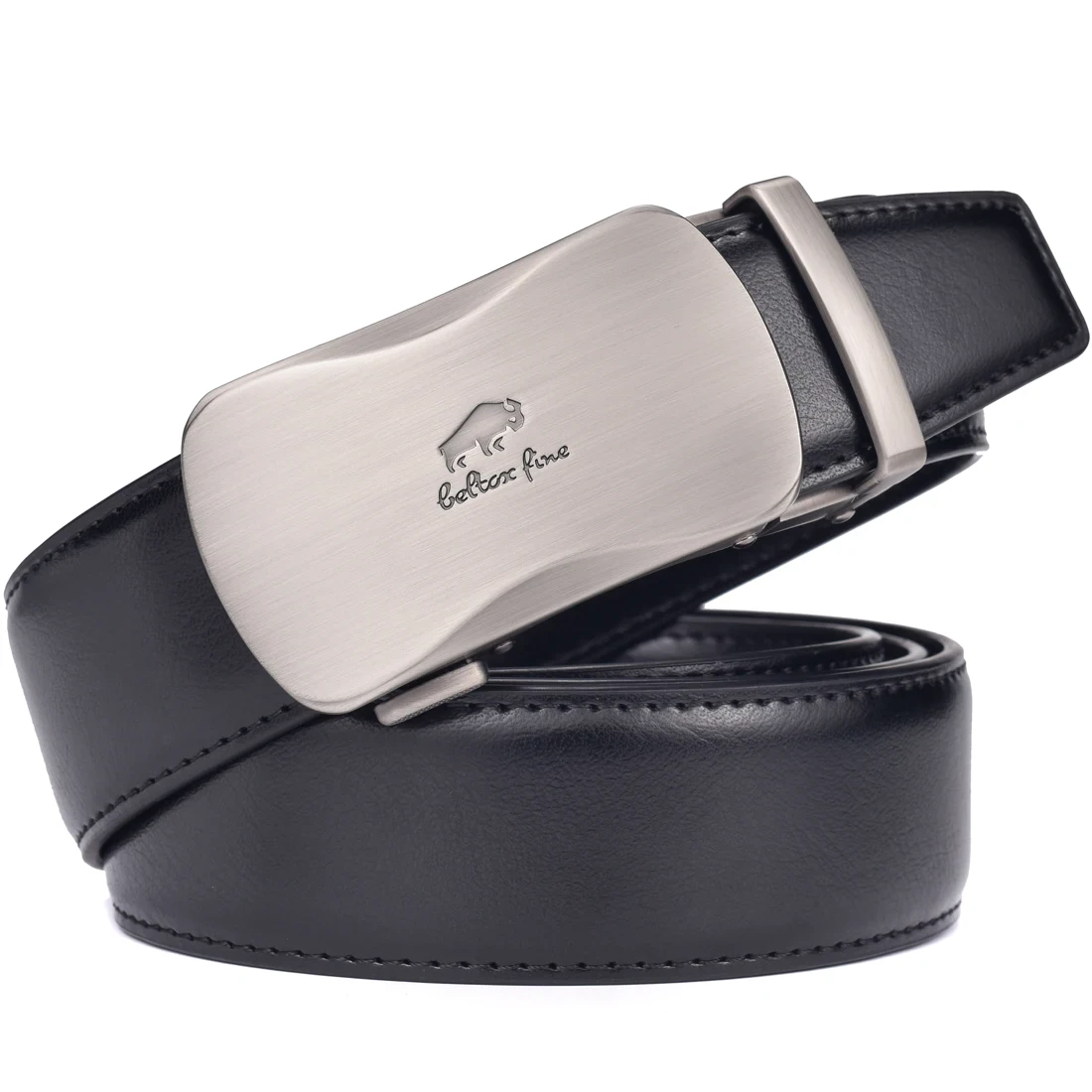 Leather Ratchet Dress Belt – CoreLine Precision Fit Elegant black leather ratchet belt with a sleek metal buckle for a perfect fit.