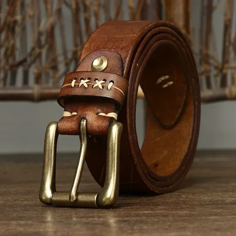 Leather Cowhide Belt with Brass Buckle Leather belt with solid brass buckle for a stylish look.