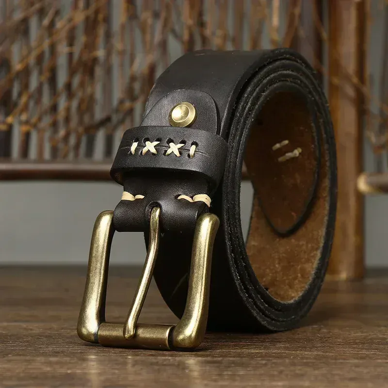 Leather Cowhide Belt with Brass Buckle Black cowhide leather belt with solid brass buckle, 3.8cm width, stylish and durable accessory.