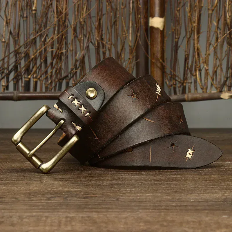Leather Cowhide Belt with Brass Buckle Cowhide leather belt with solid brass buckle, 3.8cm wide, stylish and durable accessory.