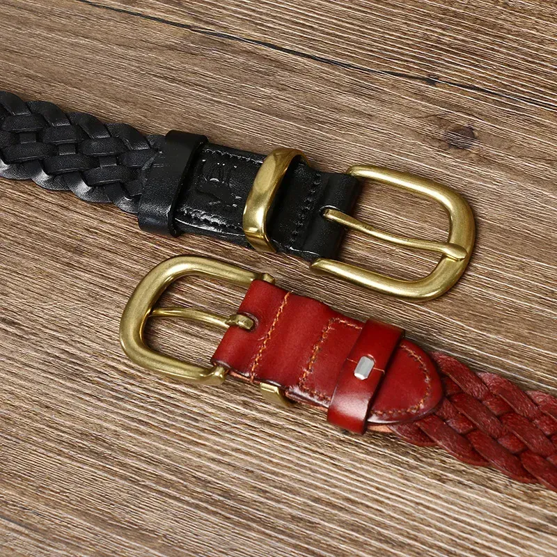 Leather Belt with Brass Buckles for Men and Women Stylish leather belts with brass buckles in black and red for men and women.