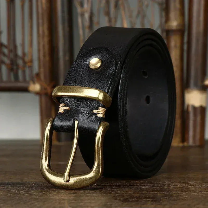 Leather Belt with Brass Buckle for Men and Women Black cowhide leather belt with solid brass buckle, stylish and durable accessory.