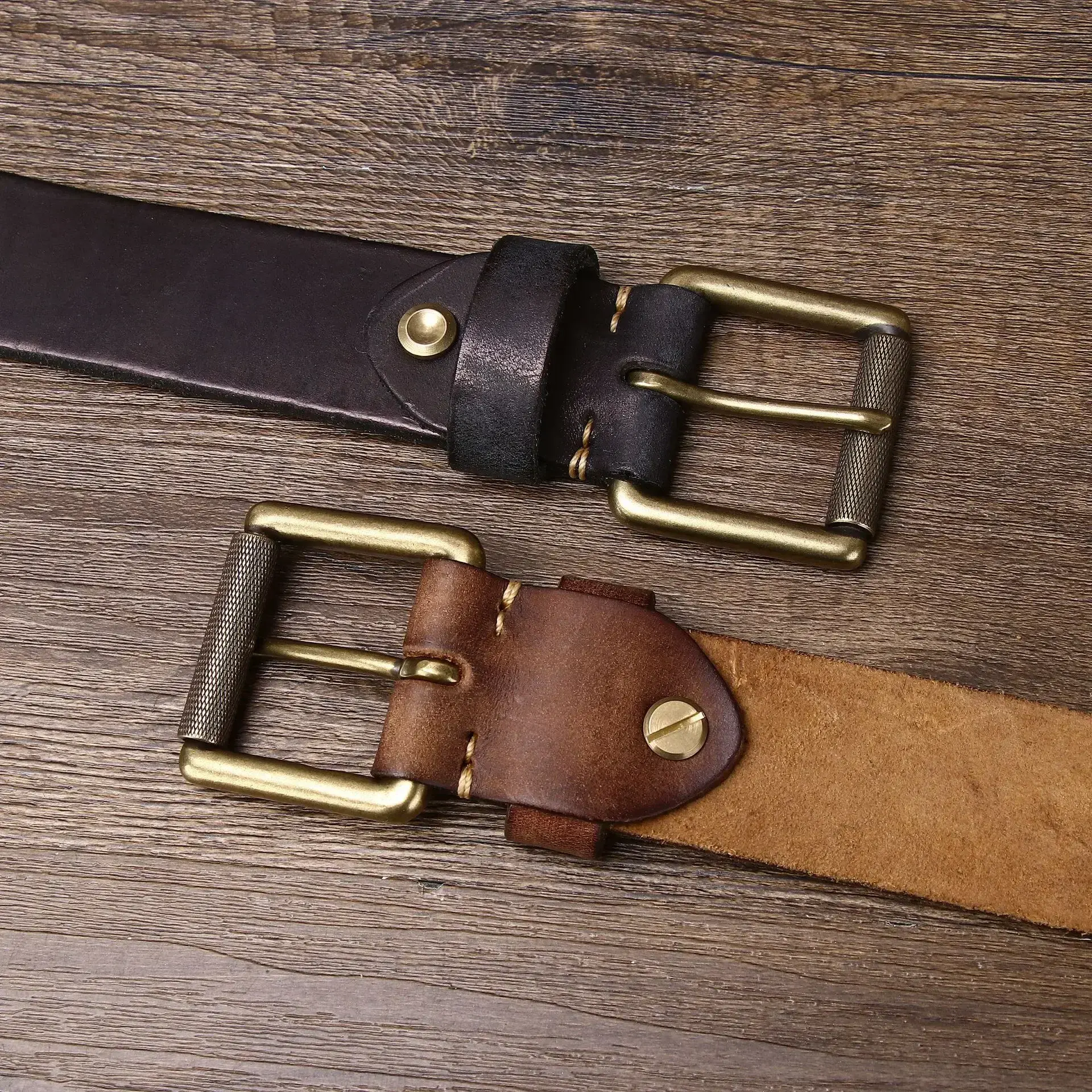 Leather Belt with Copper Buckle – Heritage Heavyweight Thickened cowhide leather belts with solid copper buckles, durable and stylish.