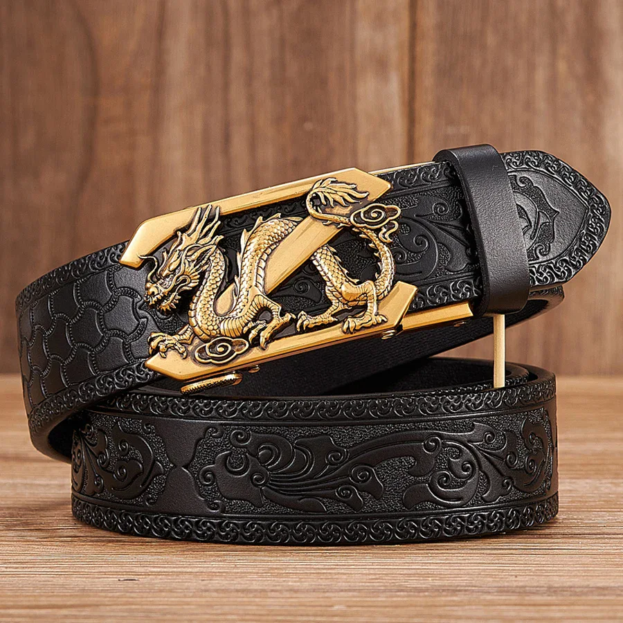 Primal Totem Embossed Leather Belt Black embossed leather belt with gold dragon 3D buckle, intricate design.
