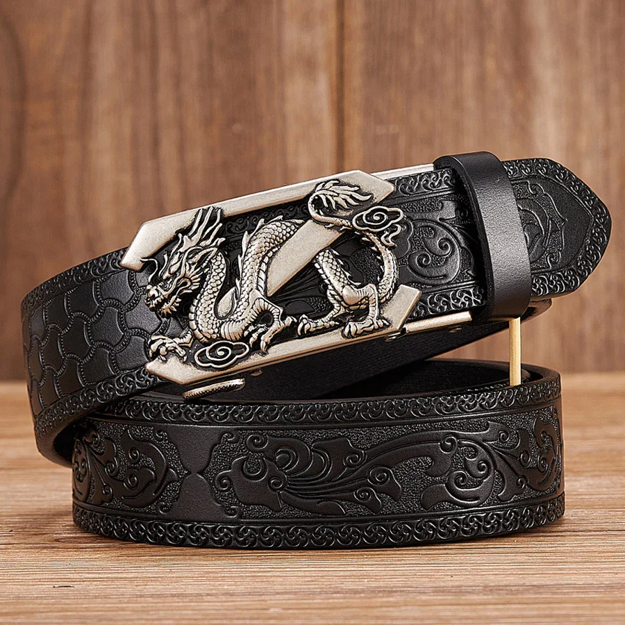 Primal Totem Embossed Leather Belt with 3D Buckle Embossed leather belt featuring a detailed dragon design and a 3D automatic buckle. Perfect for a bo.