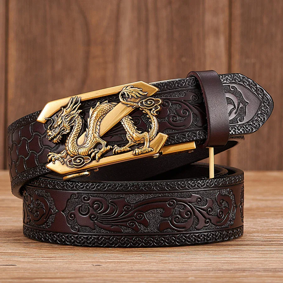Primal Totem Leather Belt with Dragon Embossing Embossed leather belt featuring a detailed dragon design and a 3D automatic buckle. Perfect for styl.