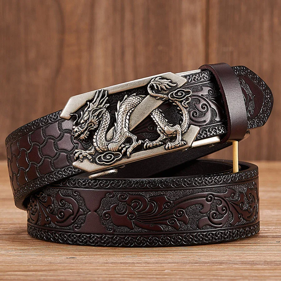 Leather Belt with Dragon Embossed Design and 3D Buckle Primal Totem embossed leather belt featuring a detailed dragon and 3D automatic buckle.