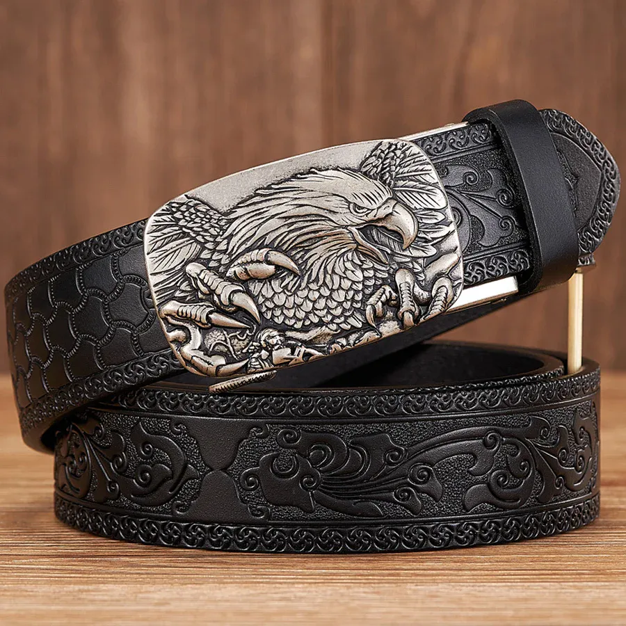 The “Imperial Eagle” Embossed Genuine Leather Automatic Belt Embossed leather belt featuring a detailed eagle design, perfect for stylish and durable accessories.