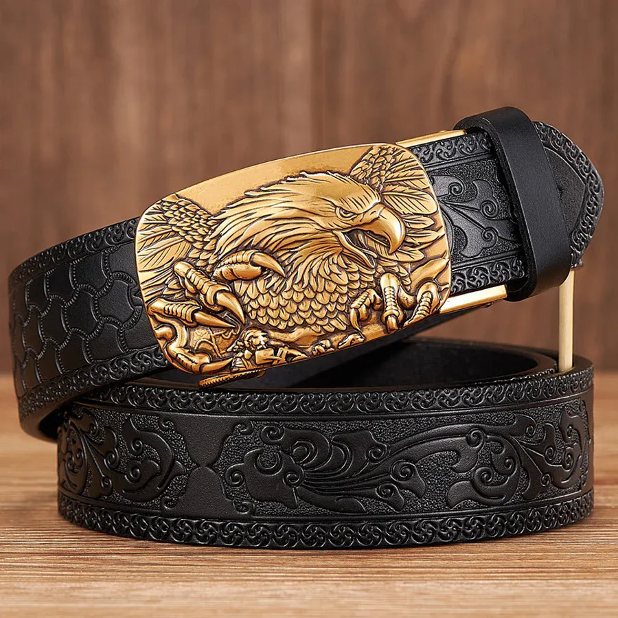 Leather Belt with Eagle Embossed Buckle Eagle embossed leather belt with intricate design, perfect for stylish and durable wear.