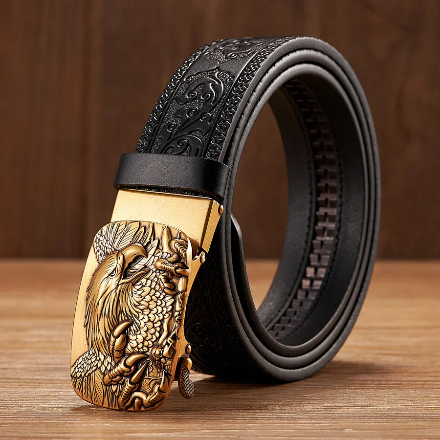 Leather Belt with Gold “Imperial Eagle” Embossed Buckle Genuine leather belt featuring an embossed gold