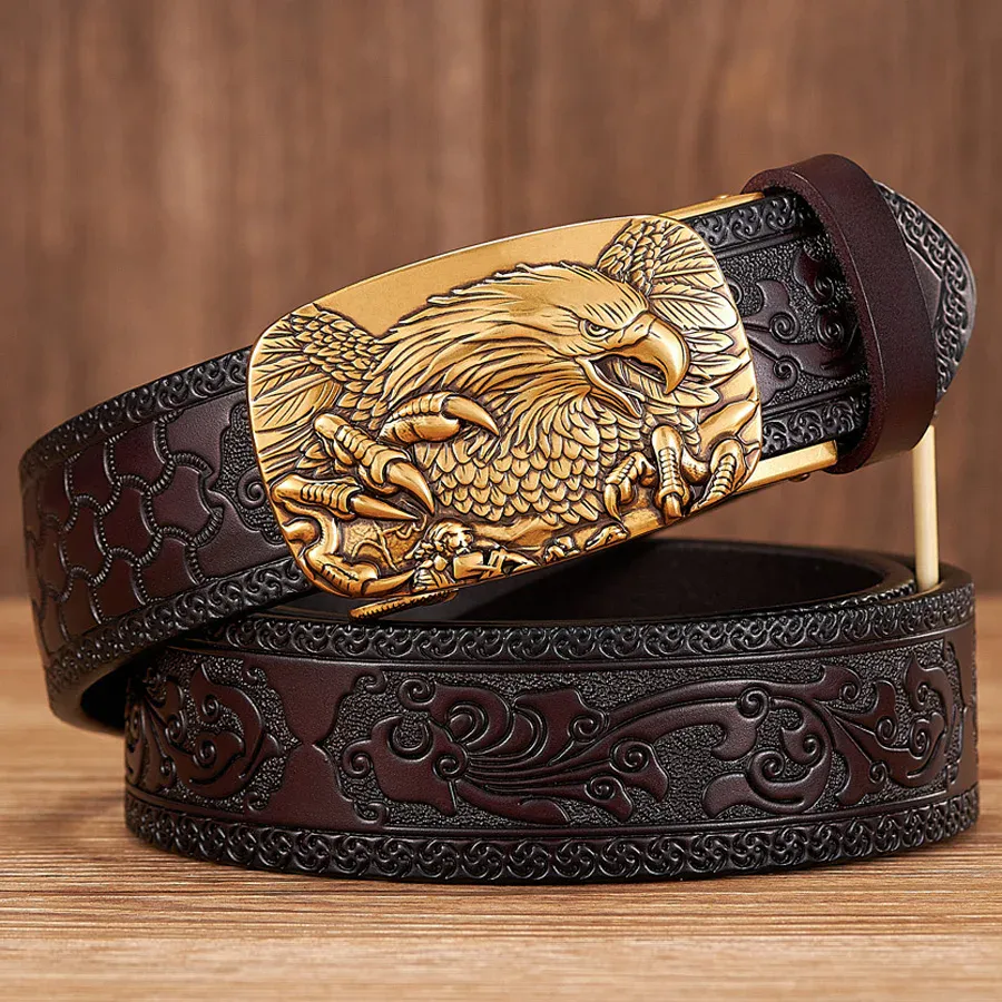 Leather Belt with Golden Eagle Embossed Buckle Elegant leather belt featuring a detailed golden eagle embossing on the buckle.