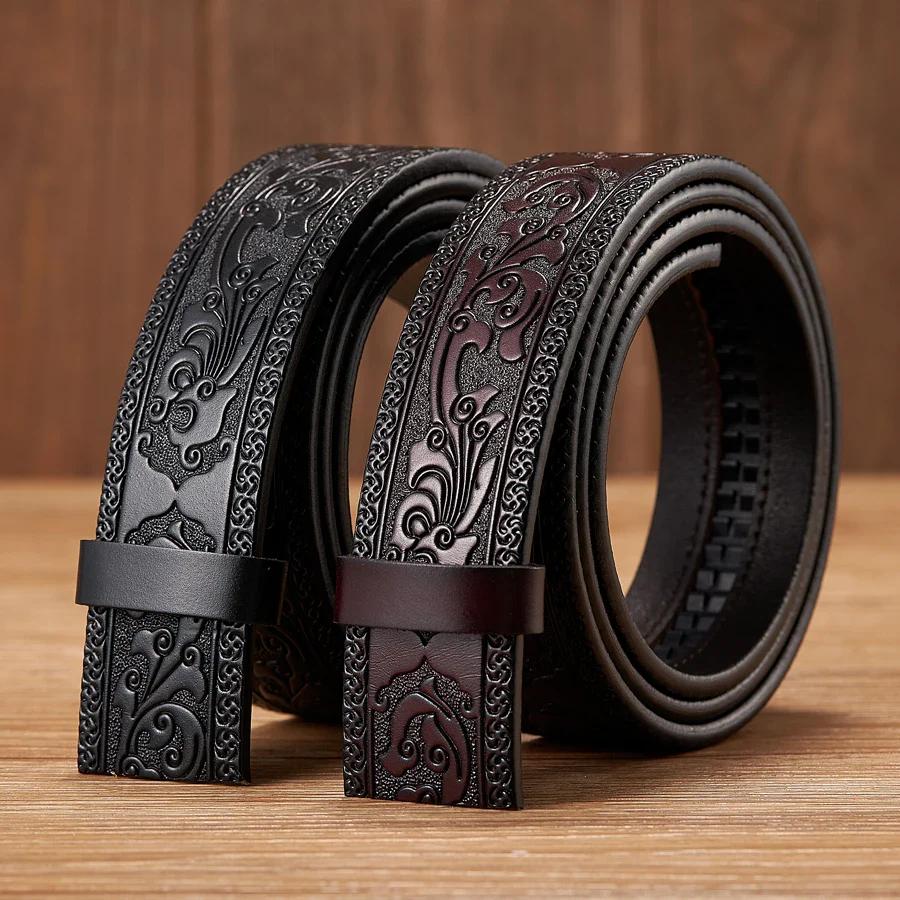Premium 3.5cm Genuine Cowskin Leather Belt Strap Genuine cowskin leather belt strap with intricate embossed design, no buckle included, perfect for c.