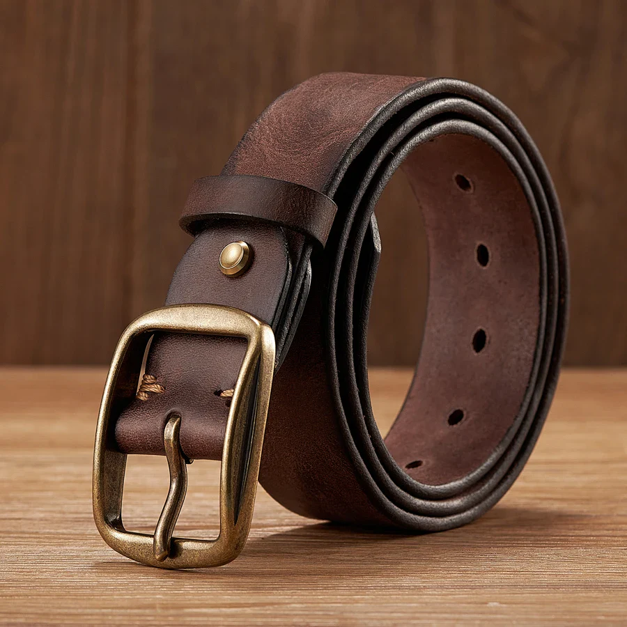Heritage Retro Thick Cowhide Leather Belt with Copper Buckle Vintage Cowhide Leather Belt with Copper Buckle for Men and Women.