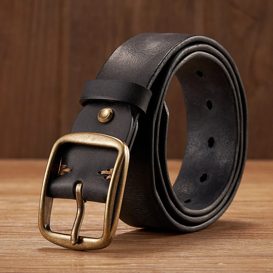 Leather Belt with Copper Buckle for Men and Women Heritage retro thick cowhide leather belt with copper buckle, stylish and durable accessory.