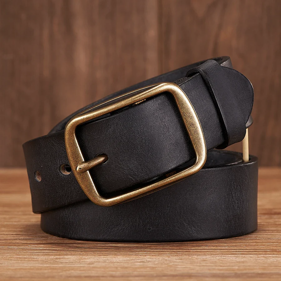 Heritage Retro Thick Cowhide Leather Belt with Copper Buckle Leather belt with vintage copper buckle for a classic look.