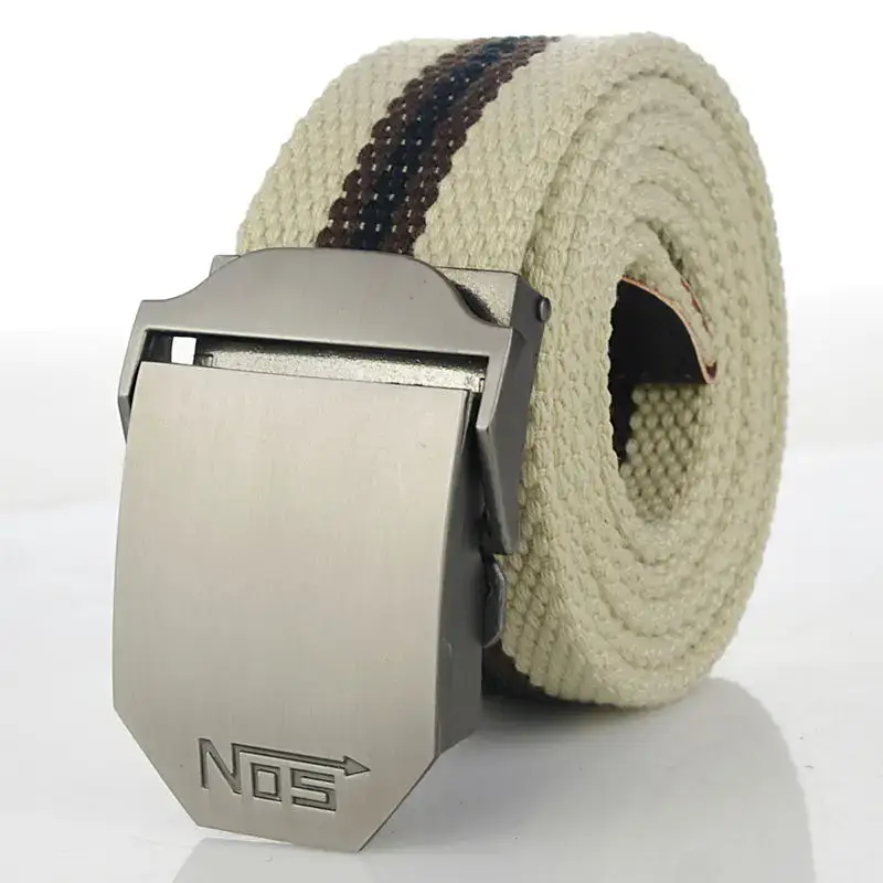 Polaris White Military Canvas Belt with Alloy Buckle Durable white canvas belt with stylish brown stripe and luxury alloy buckle. Perfect for military or.