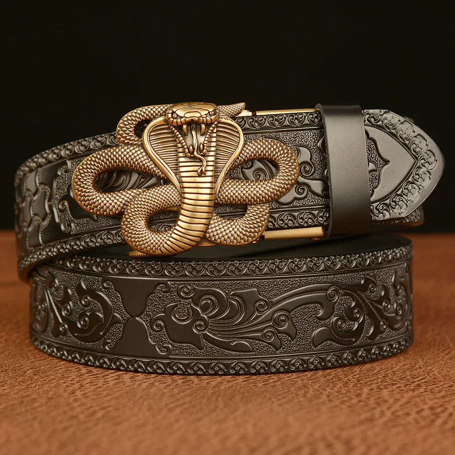 Luxury Snake Buckle Leather Belt for Men Elegant snake-shaped buckle leather belt, stylish accessory for formal and casual wear.