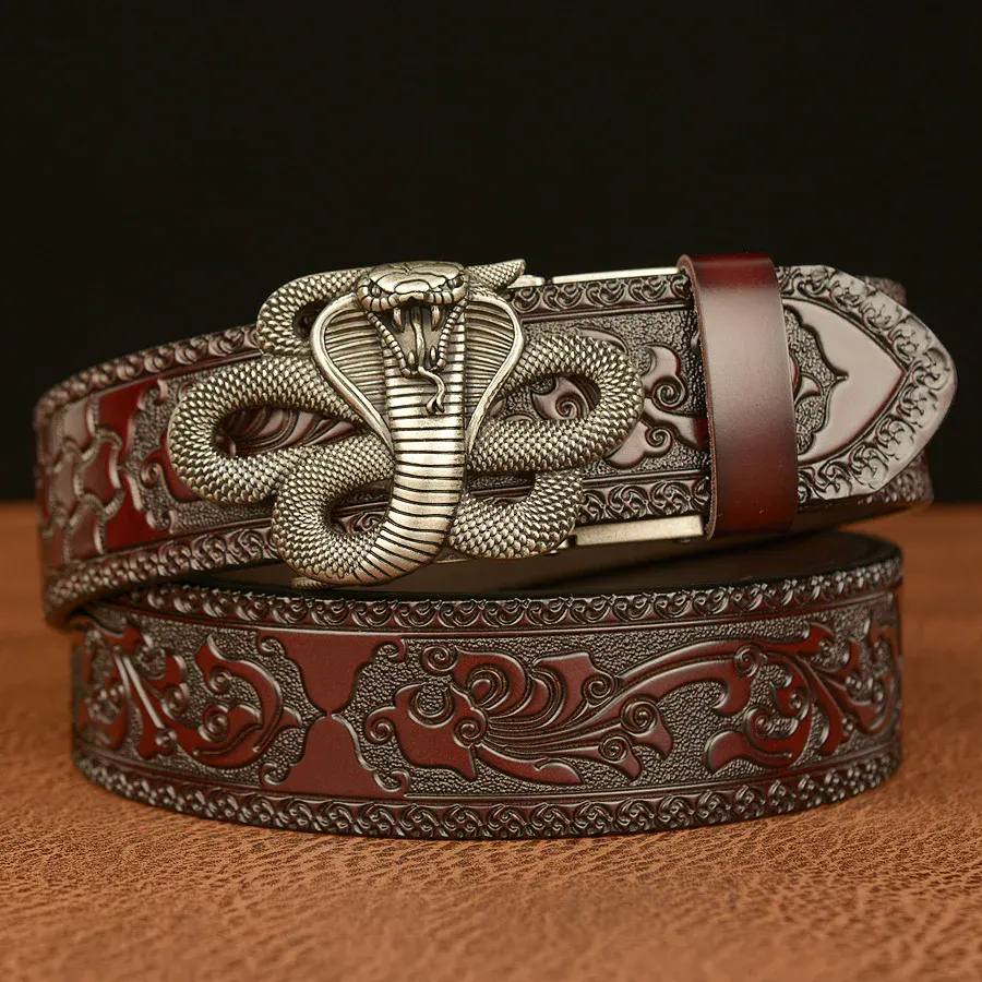 Luxury Snake Automatic Buckle Leather Belt Elegant snake design leather belt with automatic buckle for men.