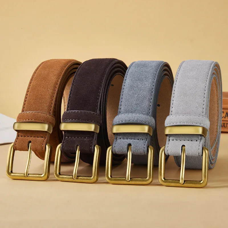 Luxury Suede Cowhide Gold Buckle Belt Elegant suede belts with gold buckles in various colors for men and women. Perfect for stylish, high.